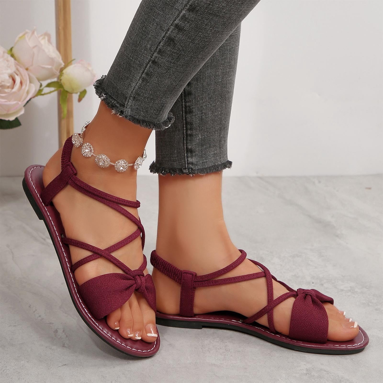 Womens Wine Elastic Ankle Strap Flat Sandals Crisscross Bow Open – picture 6