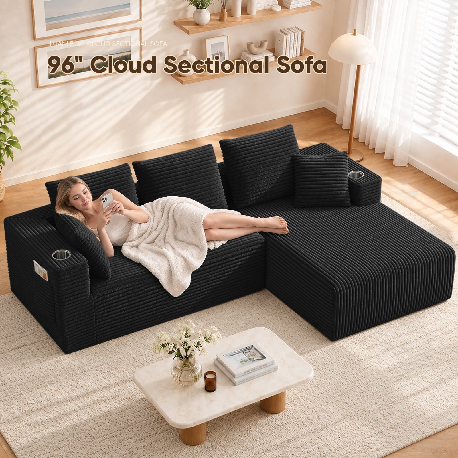 Lunale 95" Modular Sectional Sofa, L-Shaped Boneless Cloud Couch with Cup Holders, Modern Deep Seat Sofa for Living Room, Black (Right Facing Chaise)