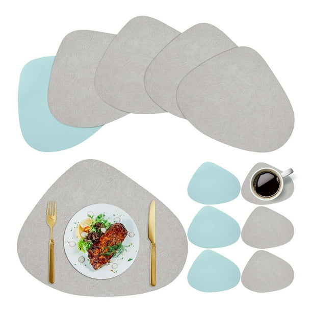 Manteles Individuales para 6 Piezas con Posavasos de Doble Cara de Cuero PU Tapete para Mesa Antideslizante y Resistente al Calor para Restaurante, Hotel, Cafetería