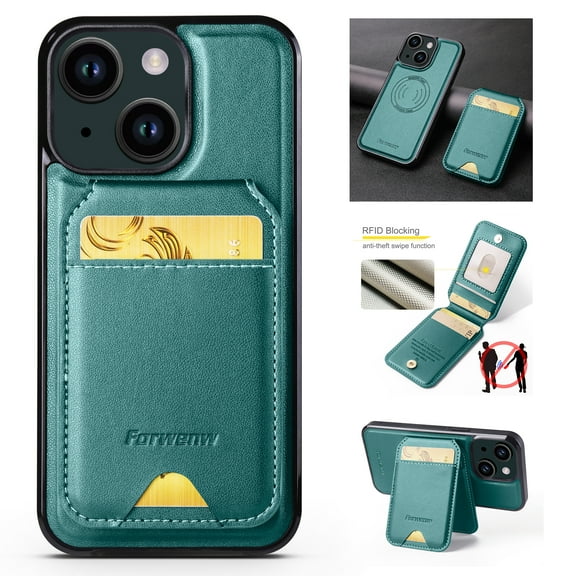Compatible with Magsafe for iPhone 15 Wallet Case Magnetic Card Holder, RFID Blocking 2 in 1 Detachable Kickstand Premium PU Leather Shockproof Back Phone Case for Women Men,Green