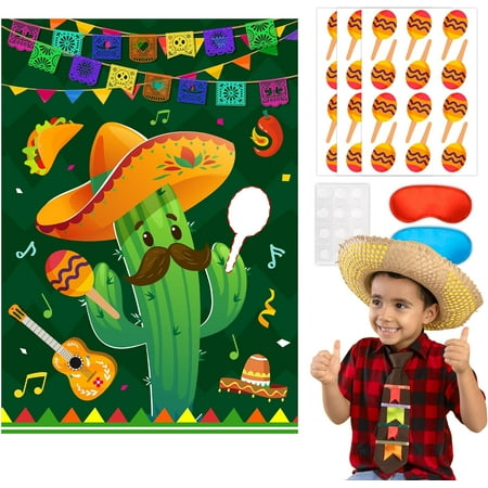 XD4-Pin The Maracas on The Cactus Mexican Games, 7 Pcs Mexican Party Pin Game Set - Poster Blindfold Maracas Stickers etc Fiesta Party Decorations Supplies*04