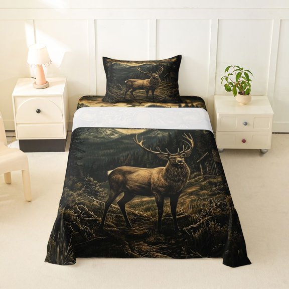 Manfei Wild Buck Twin Sheets,Mountain Wood Bedding,Brown,3 Pieces,1 Fitted Sheet and 1 Pillowcase