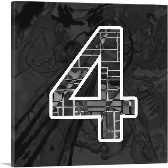 ARTCANVAS Modern Black White Alphabet Number 4 Four Numeral Canvas Art Print - Size: 26" x 26" (1.50" Deep)