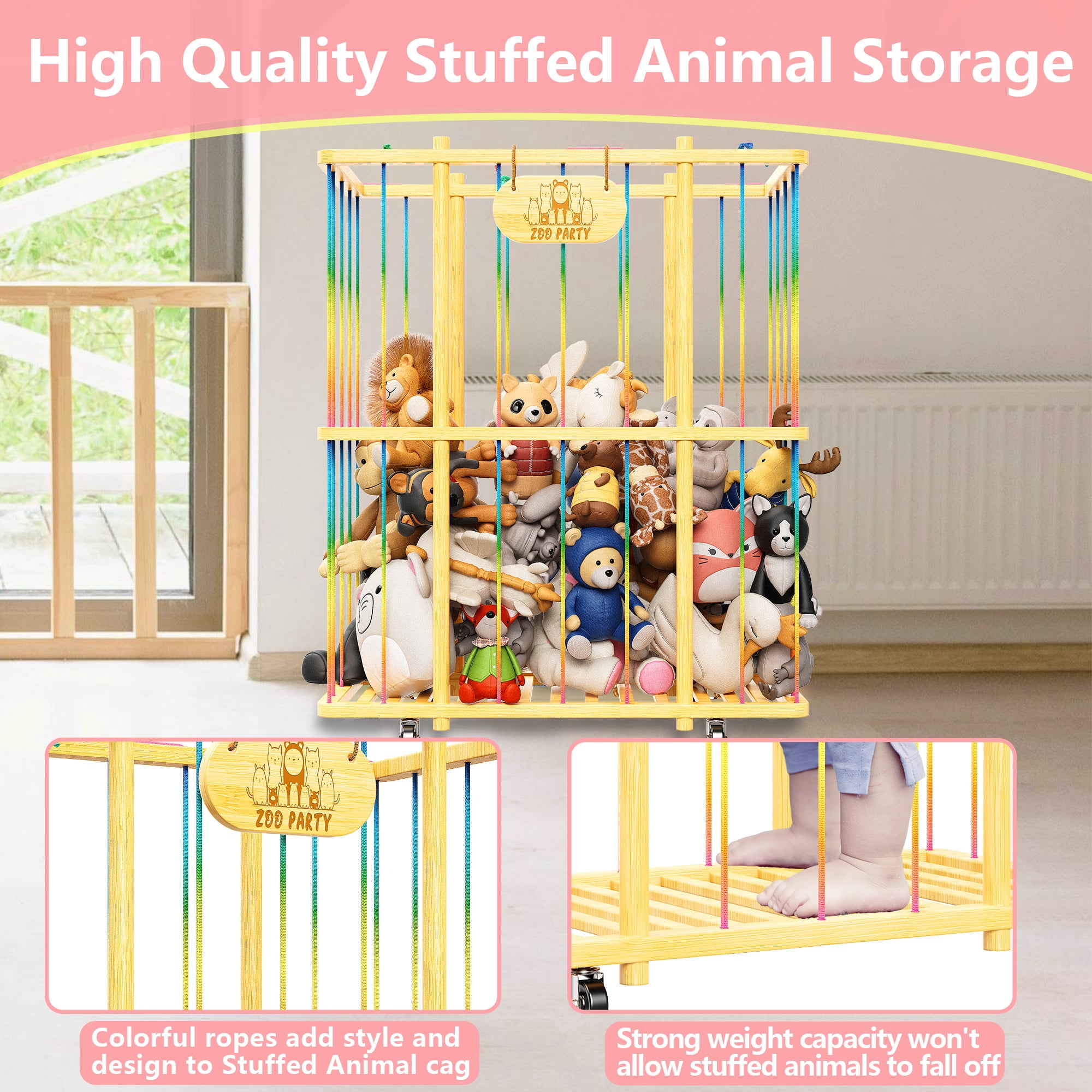 Large Stuffed Animal Zoo Storage Cage, Plush Toy Storage Organizer with Wheels, Bamboo Stuffed Animal Holder, Creative Stuffed Animal Storage for Nursery Playroom