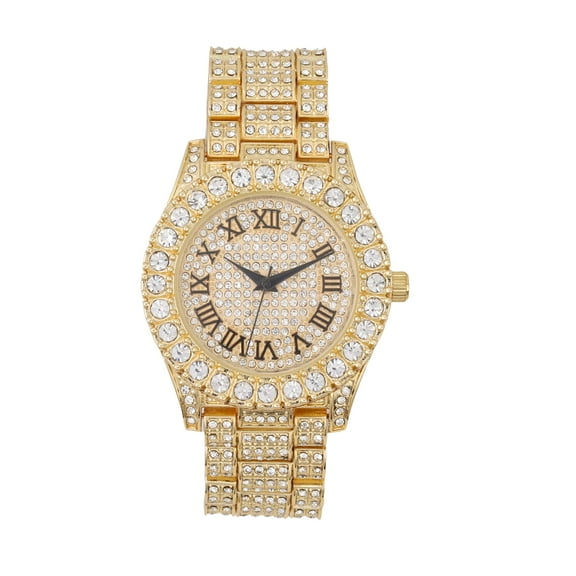 Women's Big Rocks Bezel Colored Dial with Roman Numerals Fully Iced Out Watch - ST10327LA (Gold Black R#)