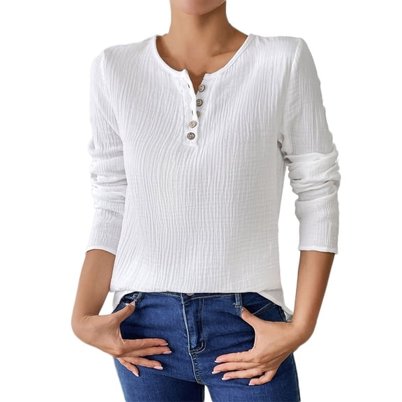 YUGYXL Women's Spring Fall Long Sleeve Henley T Shirts Button Textured Loose Fit Casual Basic Tops Dressy Blouse White XL
