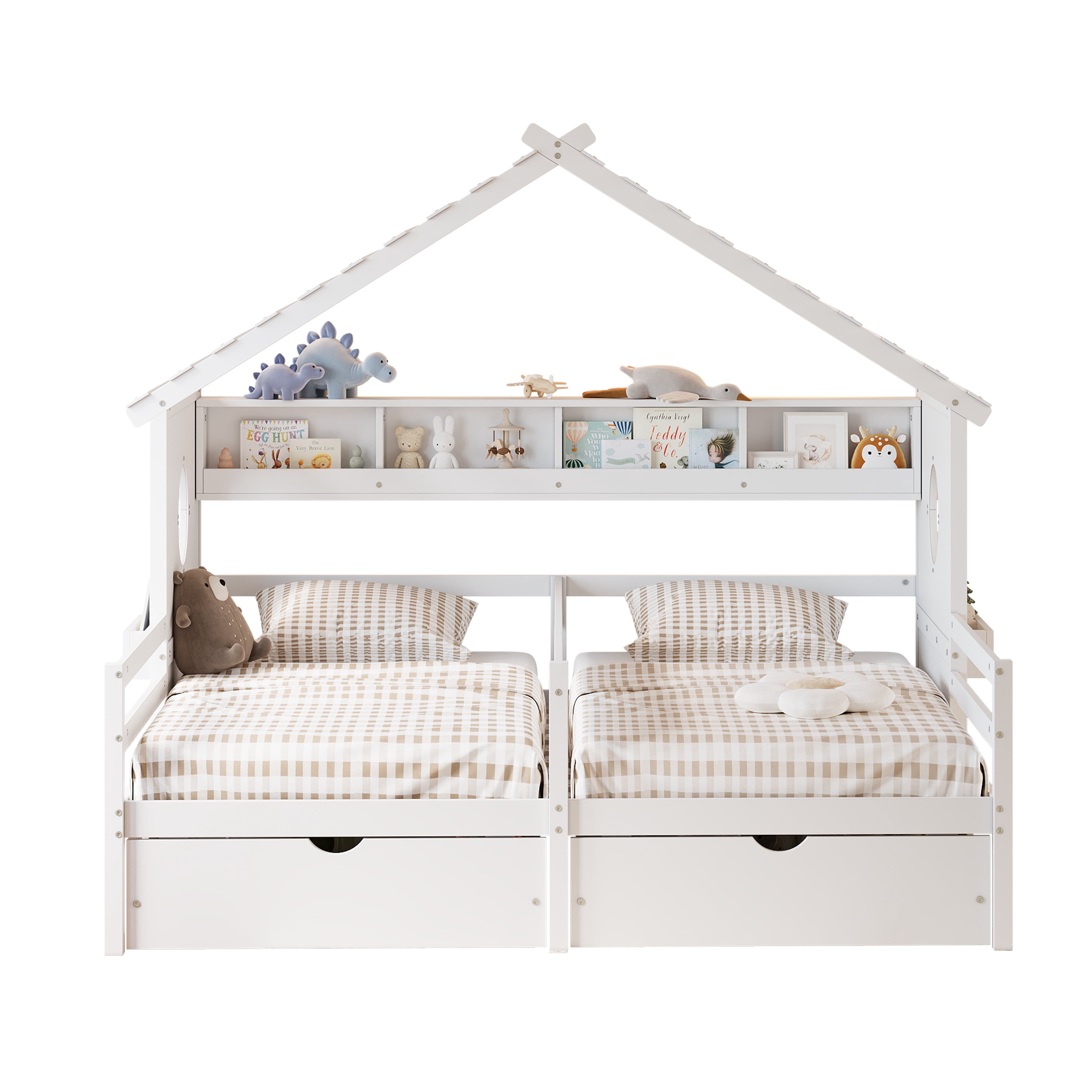 Euroco Wood Twin Size Platform Bed, Side by Side 2 Beds in 1 with Storage Shelves and Drawers, White