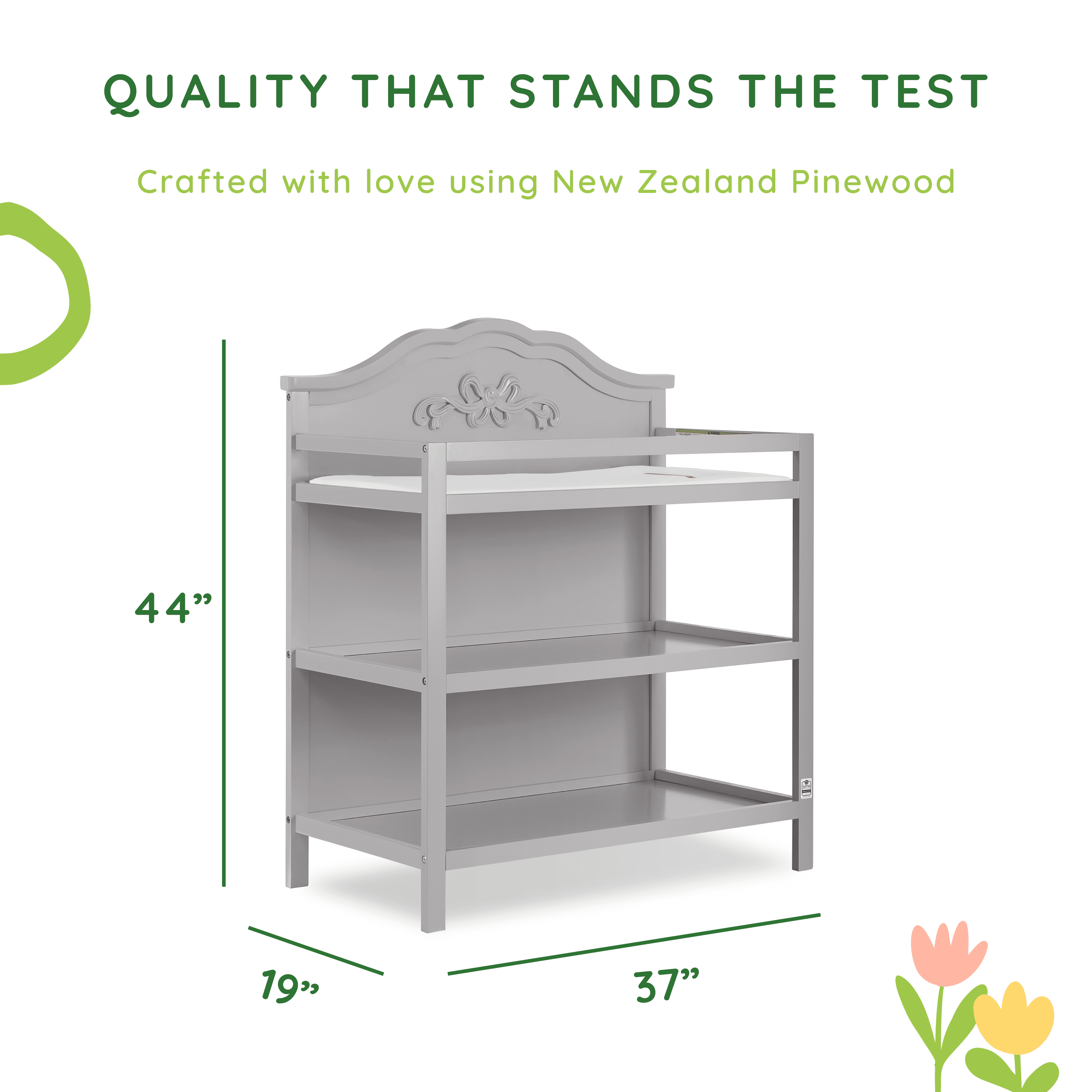 Dream On Me Jasmine Changing Table with Fixed Shelves, Platinum, 1" Mattress Pad, Safety Strap
