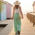 thumbnail image 4 of Women's Pinstripe Linen Palazzo Pants Elastic Drawstring High Waist Flowy Wide Leg Loose Summer Beach Trousers With Pockets Green XL, 4 of 6
