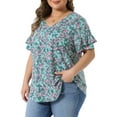 thumbnail image 4 of Agnes Orinda Women's Plus Size Floral Tops V Neck Ruffle Sleeve Summer Casual Blouses  2X Green, 4 of 5
