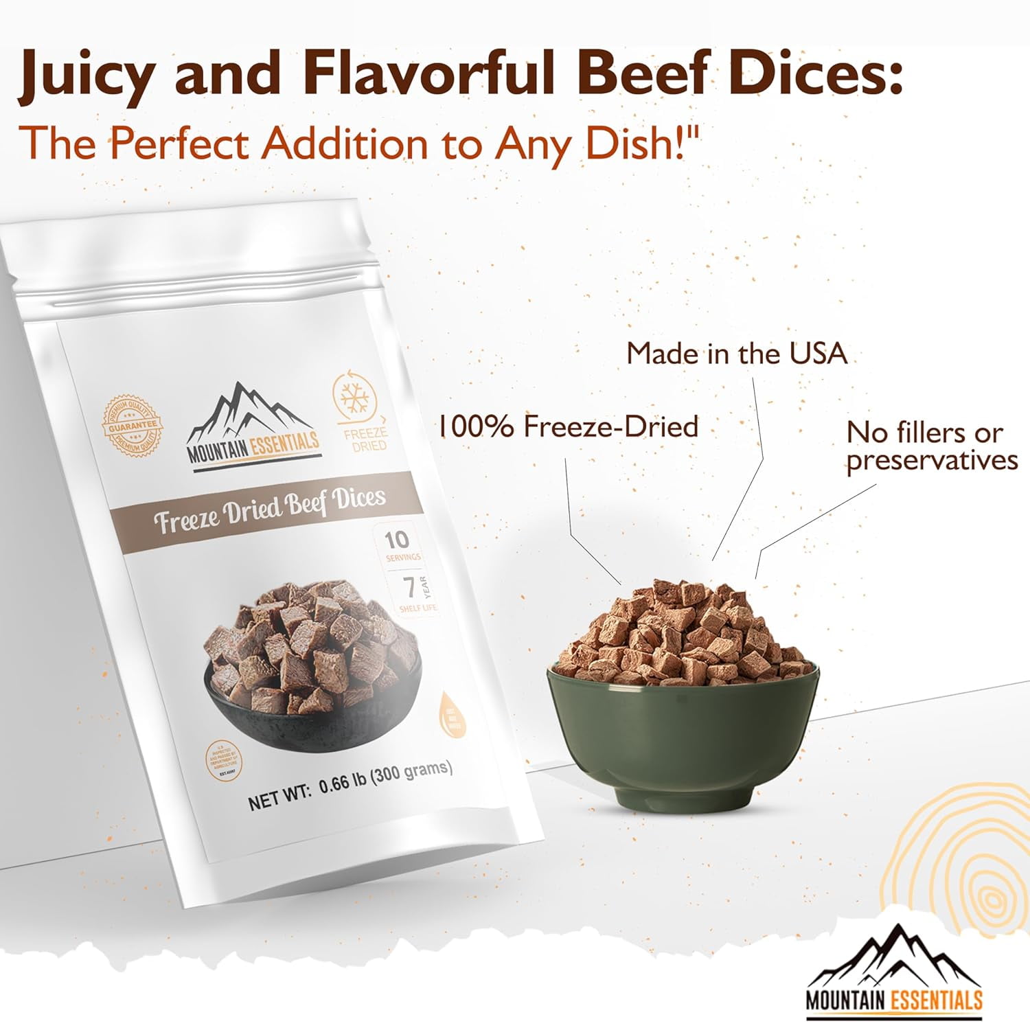 Mountain Essentials Freeze Dried Beef Dices Protein Packed Meal (300g Pouch)| Emergency Long Term Supply | Hiking, Backpacking & Camping | Easy Prep Survival Food ✅