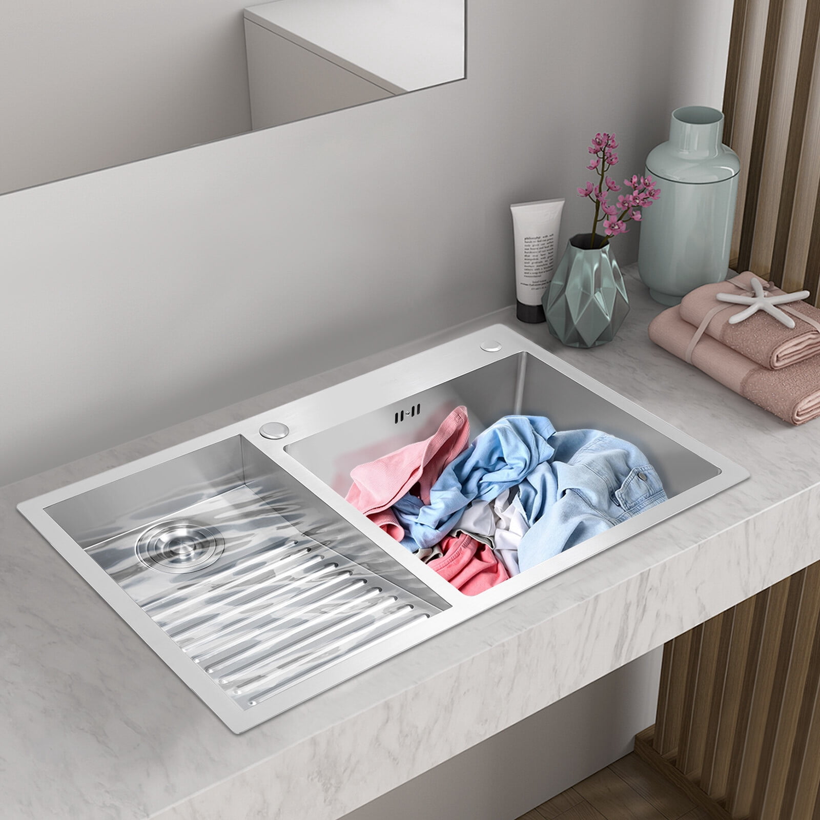 Miumaeov 2 Basins Laundry Sink Stainless Steel Undermount Utility Sink With Washboard 80*48cm