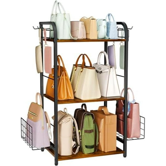 Iron & Wood Floor-Standing 3-Tier Purse Rack with Adjustable Feet, High-Capacity Bag Organizer for Closet, Patent Pending