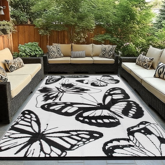 Kzaei Waterproof Outdoor Rug, 9'x12' Reversible Plastic Camping Area Rugs, Black & White
