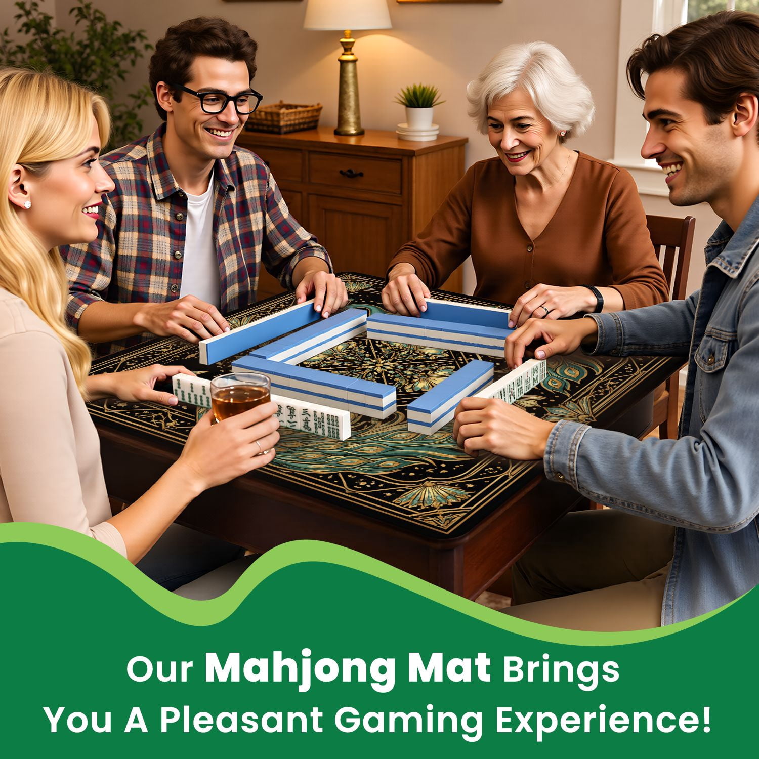Mahjong Mat 31.5" x 31.5" Art Deco Peacock Gold Geometric Design Black Non-Slip Noise Reduction Mahjong Tiles Table Cover for Dominoes Poker Card Board and Tile Games