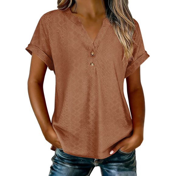 Abcnature Women's V-Neck Button Down Top, Short Sleeve Textured Blouse, Casual Solid Color Shirt for Ladies