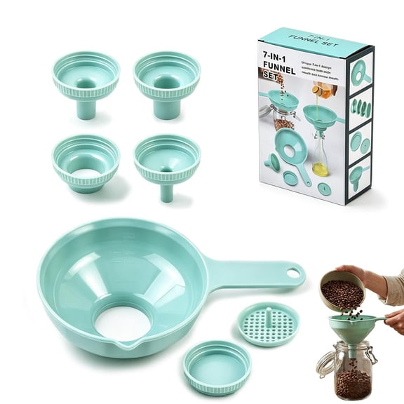 Wide Mouth Versatile Funnel, 7-in-1 Kitchen Funnel Set with Detachable Spouts and Strainers, Food Grade Plastic Funnels for Filling Bottles, Jars, Liquids, Powders and Dry Ingredients (M)