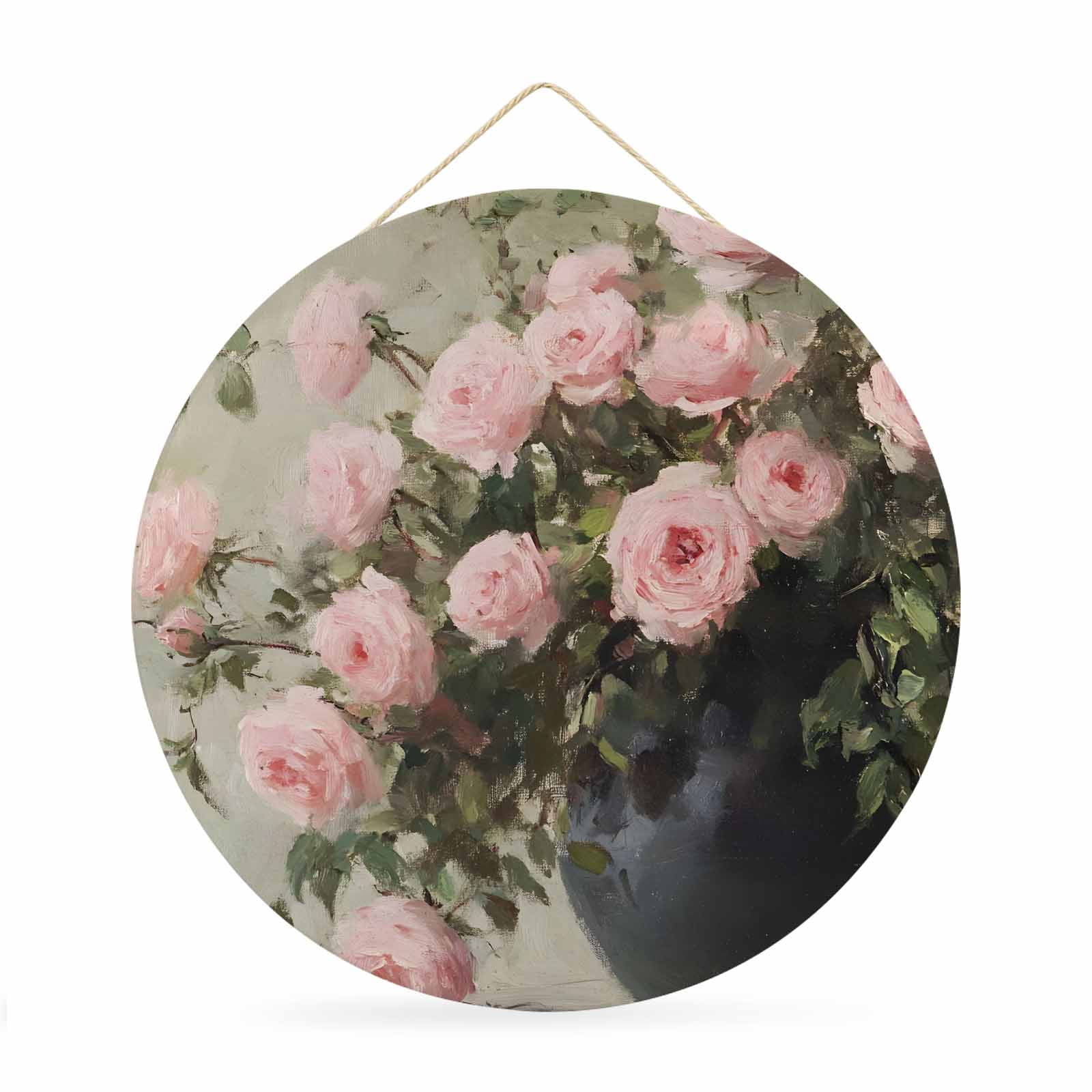 Round Welcome Sign for Front Door Pink Spring Floral Hanging Metal Farmhouse Wall Decor for Porch Entryway Vintage Roses Flowers Vase Botanical Decoration for Holiday Housewarming Gift 12 in