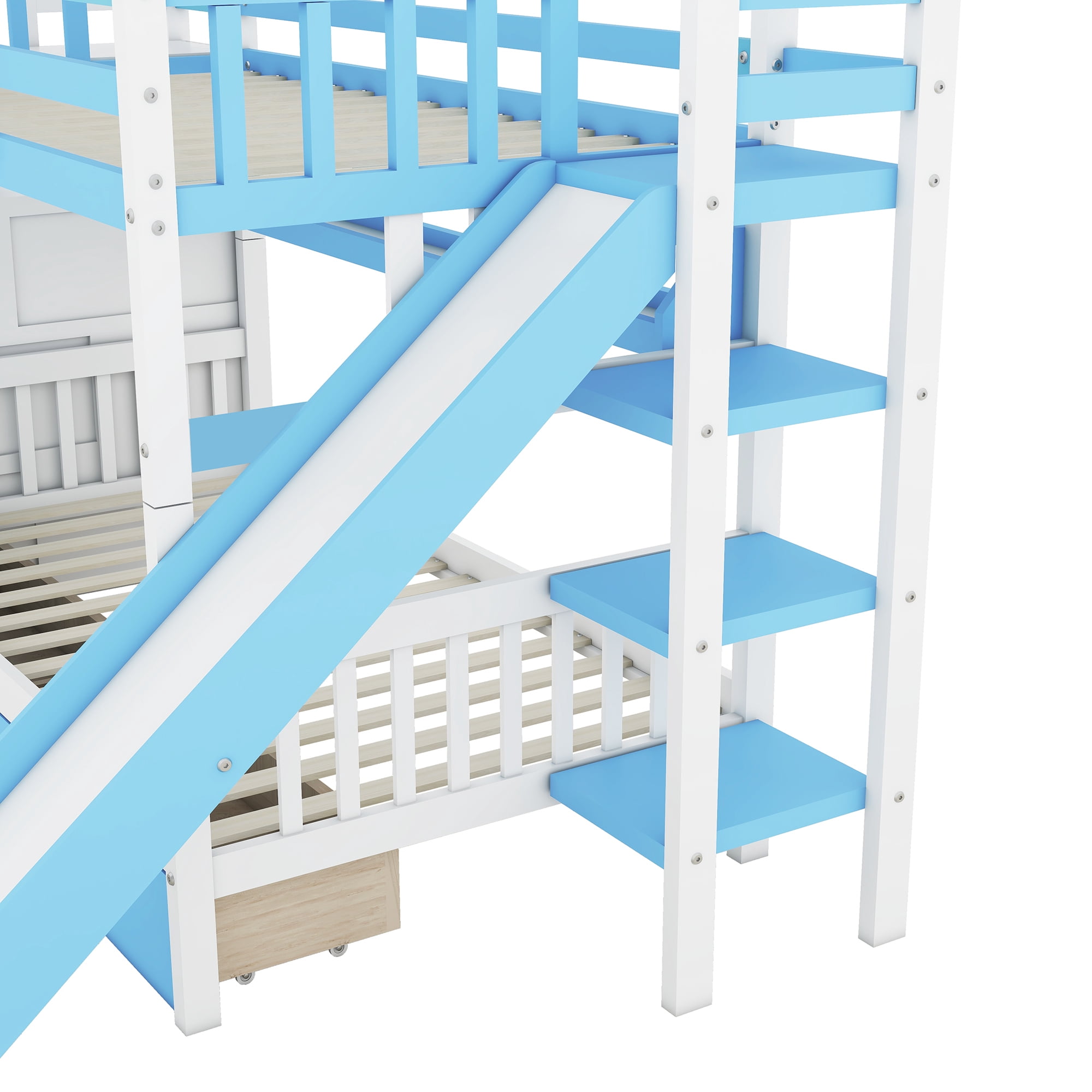 Twin over Twin Castle Style Bunk Bed with Slide and 2 Drawers, Solid Wood Princess Bed House Bunk Bed with Storage Shelves, Storage Staircase and Ladder