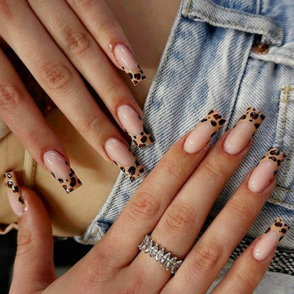 Autumn Full Covers on Nails Artificial Nails Leopards Print False Nails Long Coffin Press On Nails for Woman Girls