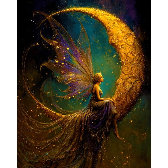 Fairy Relaxing on a Crescent Moon Art Print - Fairies 8"x10" Artwork
