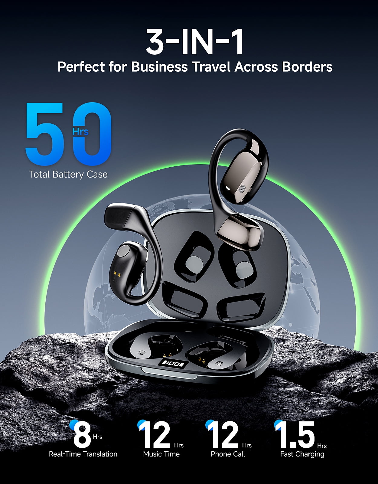 AI Translation Earbuds, Real-Time 144-Language Translator Earbuds with App for iOS & Android, 3-in-1 Wireless Bluetooth Earbuds for Travel, Business & Language Learning