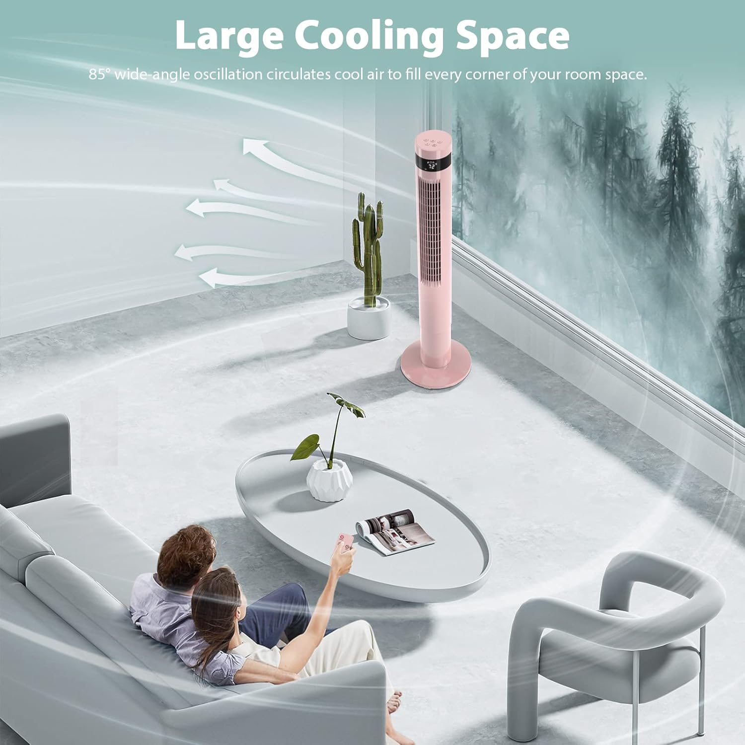 WAA 43" Pink Tower Fan Standing Oscillation Fan with Remote,3 Wind Modes,Time Settings,LED Display for Office