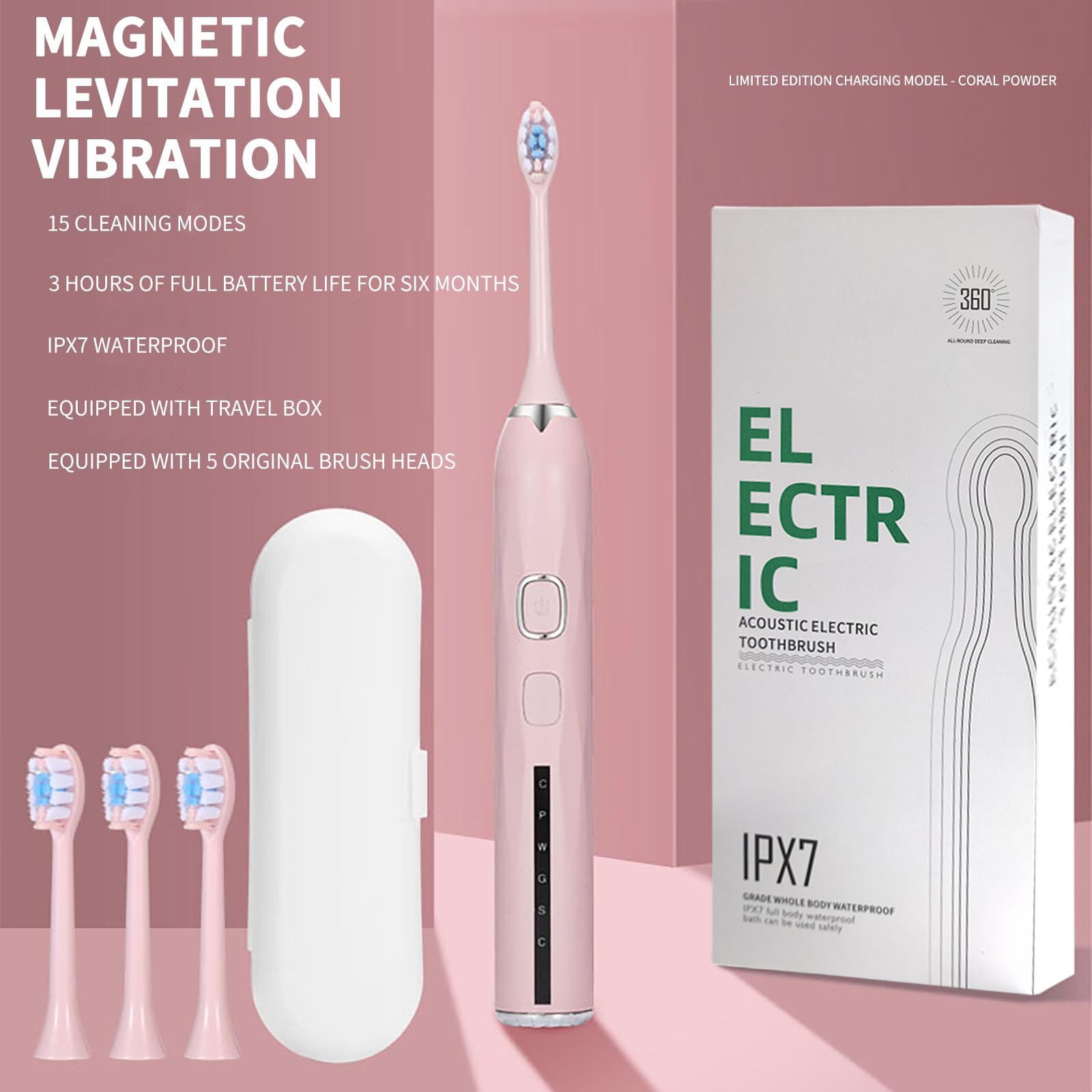 Electric Toothbrush 15 Speed Settings Ultrasonic Cleaning Soft Bristles Rechargeable Automatic Smart Brush with 6 Replacement Heads for Adult Home Dental Care