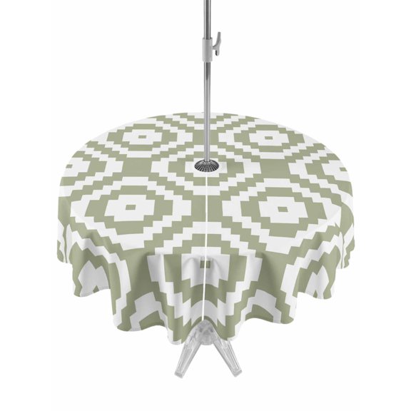Outdoor Tablecloth with Umbrella Hole for Patio/Picnic/Party/Camping, Sage Green White Geometric Waterproof Table Cloth Round Cover Washable, Modern Abstract Art (Dia 60")
