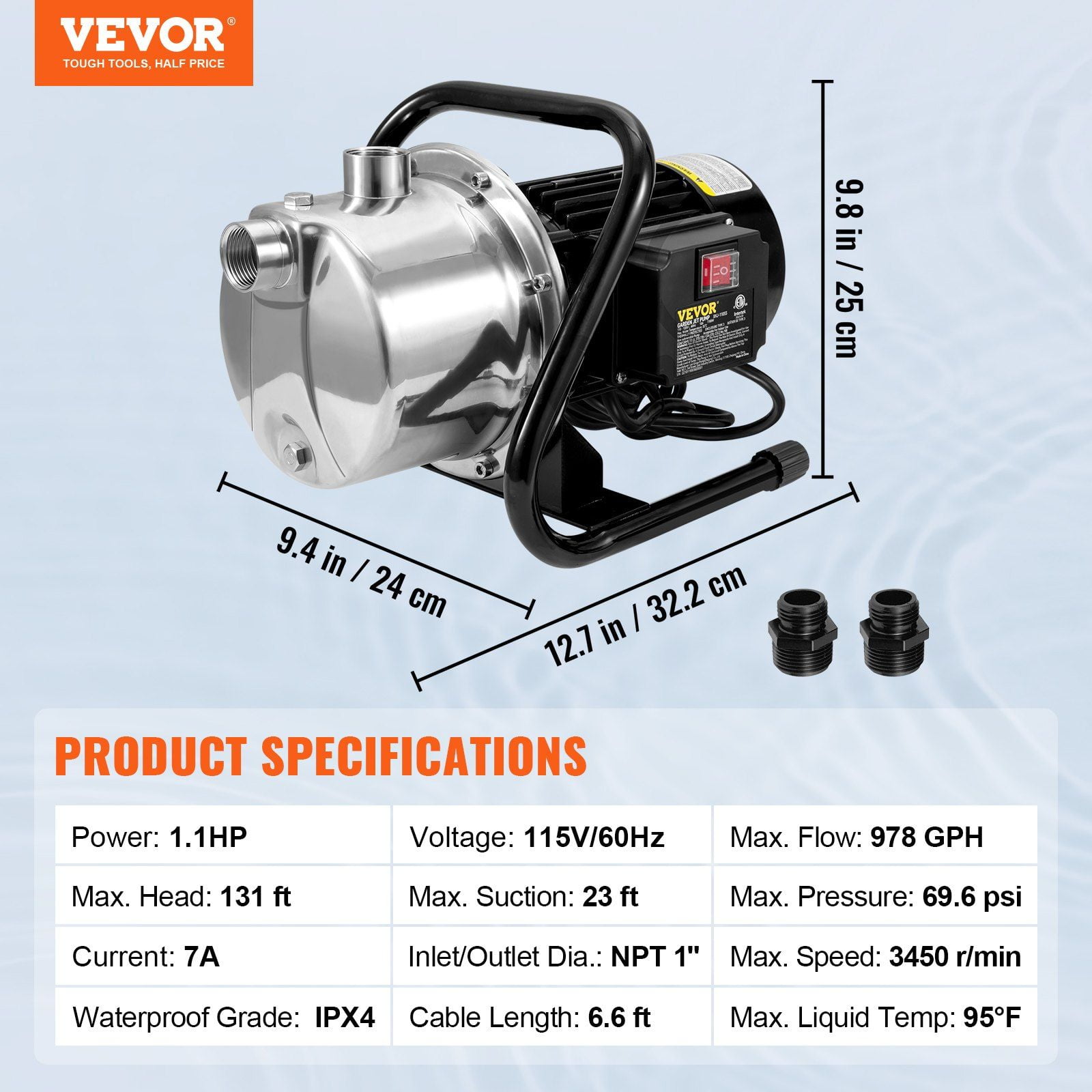 1.1HP Garden Jet Pump - 978GPH High Flow, 131ft Head, Portable for Shallow Wells