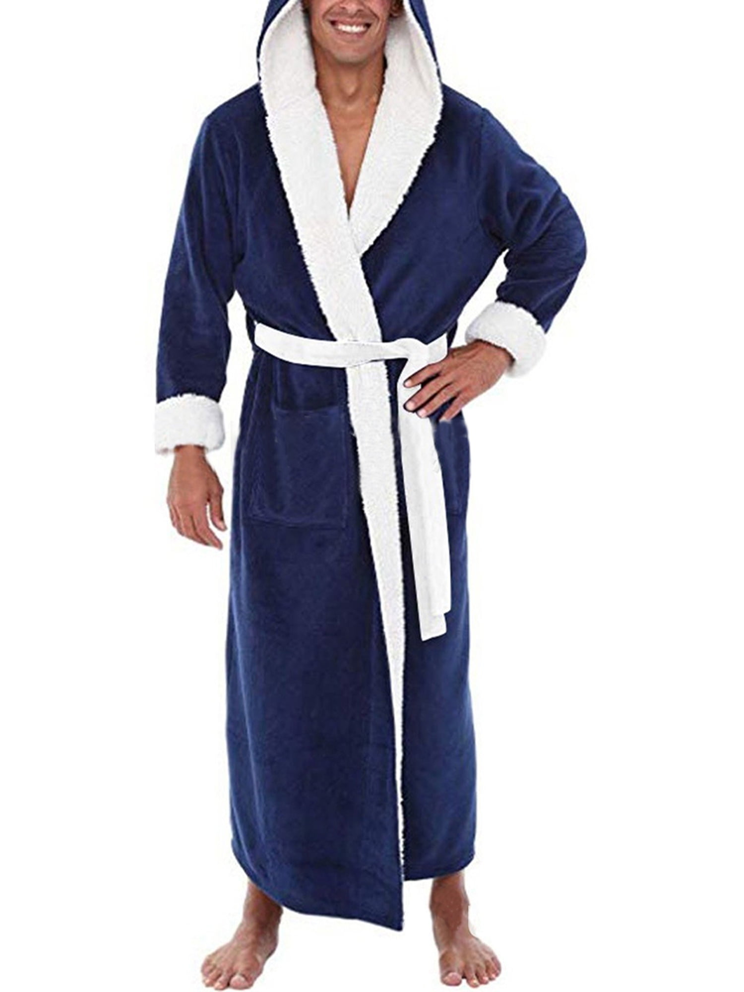 New Soft Navy Fleece Dressing Gown Hooded Pockets Bath Robe Unisex Ladies Mens