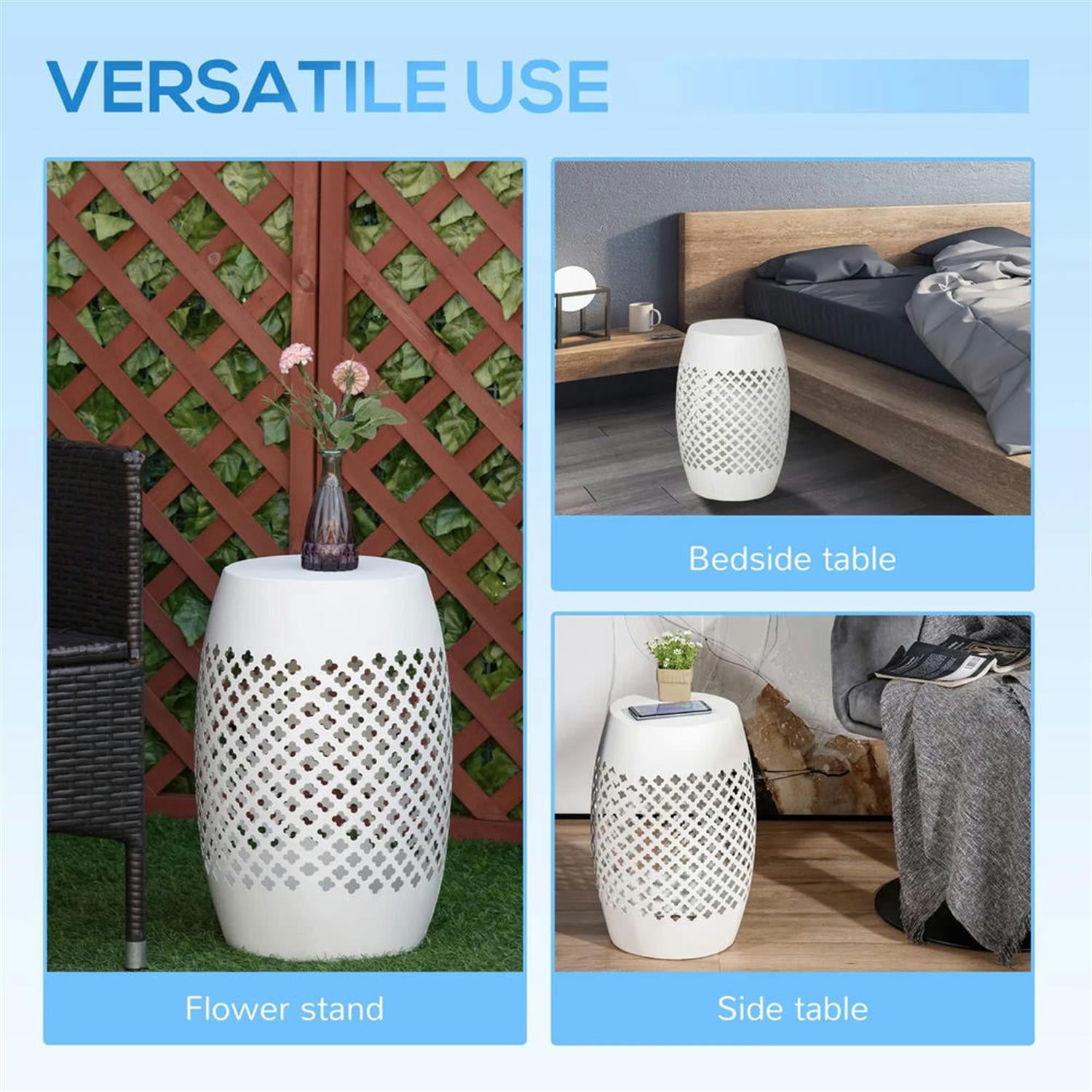 Demi Bonn 12" Steel Outdoor Round Side Table, Decorative Drum End Table, Indoor Outdoor Accent Table for Living Room Deck Garden, White