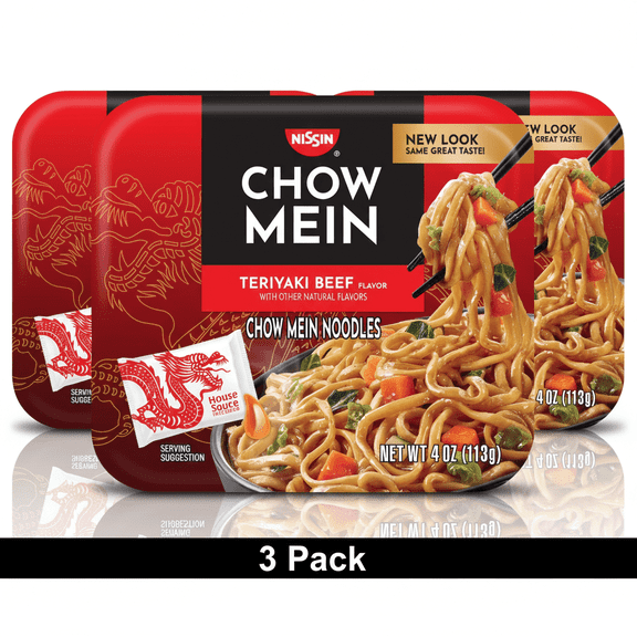 Nissin Foods Chow Mein Instant Noodles, Teriyaki Beef Flavor,(3-Pack Combo) 4.0 oz Tray, Shelf-Stable