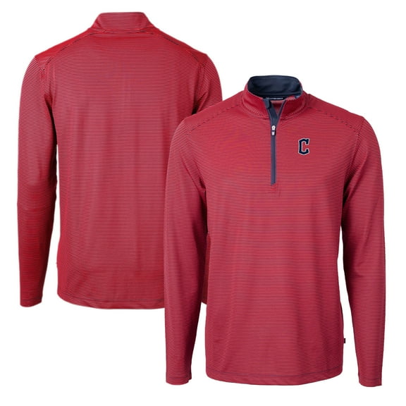 Men's Cutter & Buck Red/Navy Cleveland Guardians Virtue Eco Pique Micro Stripe Big & Tall Recycled Quarter-Zip Pullover