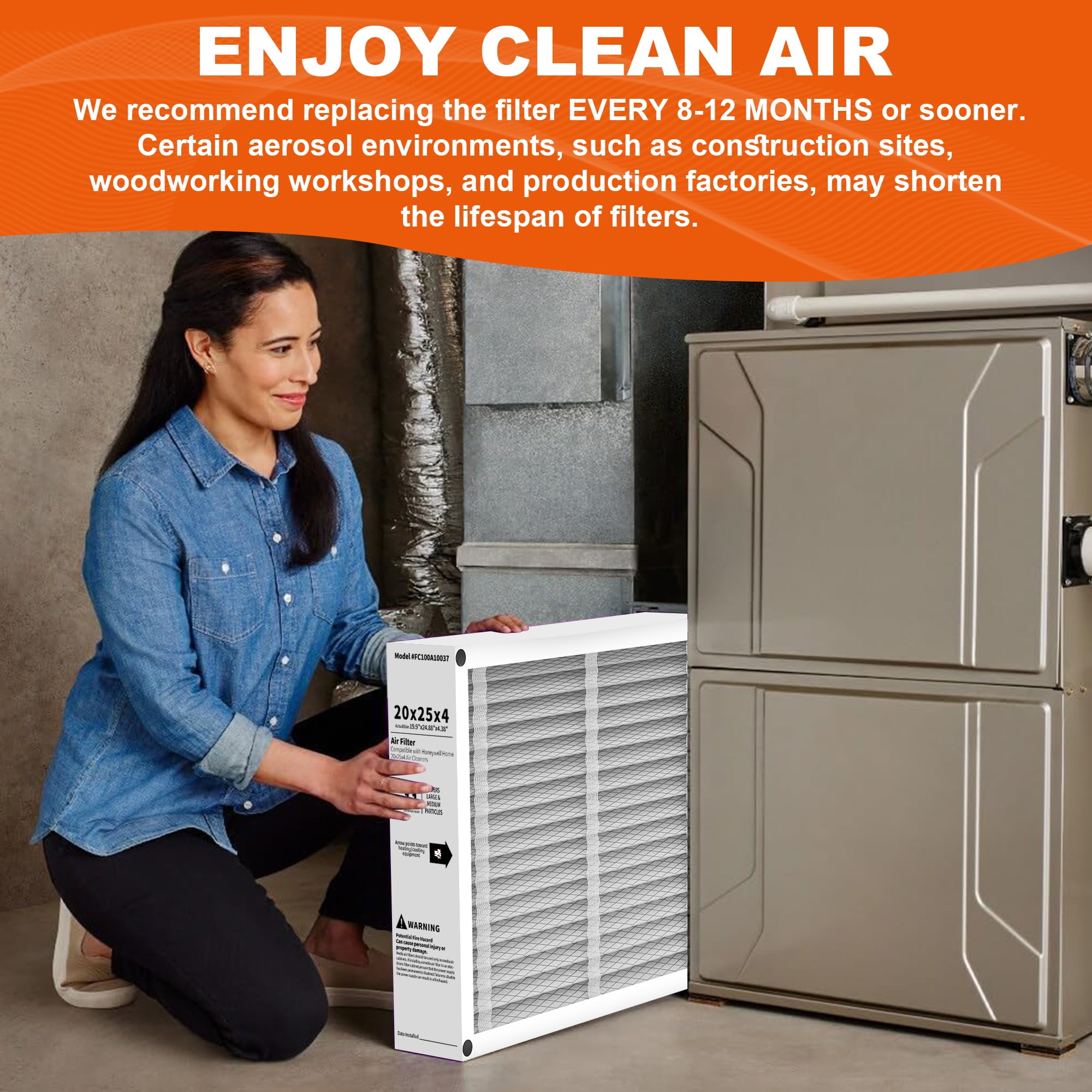 20x25x4 Air Filter Replacement, Compatible with Honeywell FC100A1037 HVAC AC Furnace MERV 11 Filters, Actual Size: 19.75’’x24.88’’x 4.38’’-2PACK