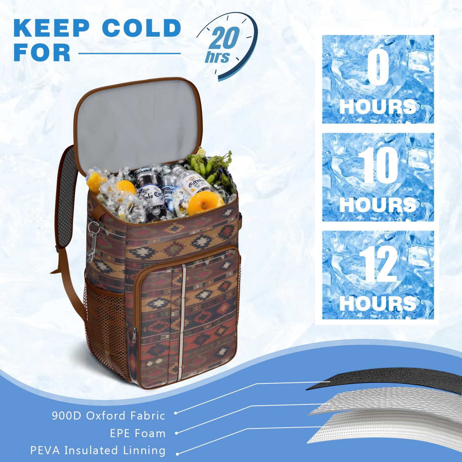 Travel Cooler Bag - Boho Bohemia Pioneer Flower Geometric Line Art Camping Beer Cooler Backpack with Bottle Opener- Waterproof Insulated Picnic Backpacks - Cooler Bag for Beach