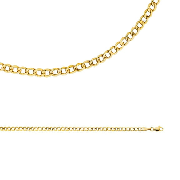 Solid 14k Yellow Gold Chain Cuban Necklace Hollow Curb Links Bevelled Polished Light 3.4 mm 18 inch