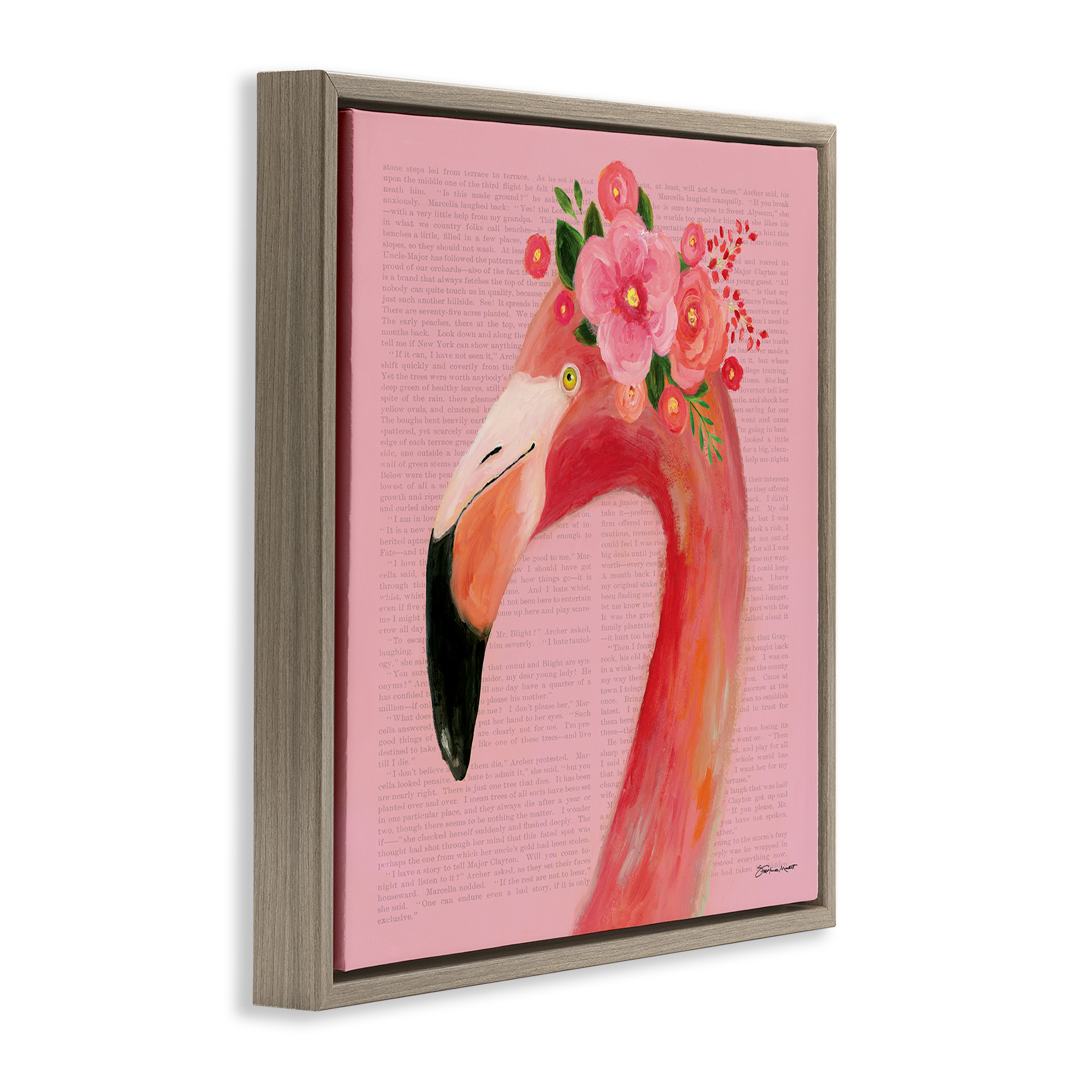 Stupell Industries Floral Flamingo Pink Portrait Animals & Insects Painting Brown Floater Framed Canvas Art Print Wall Art, 18 x 18