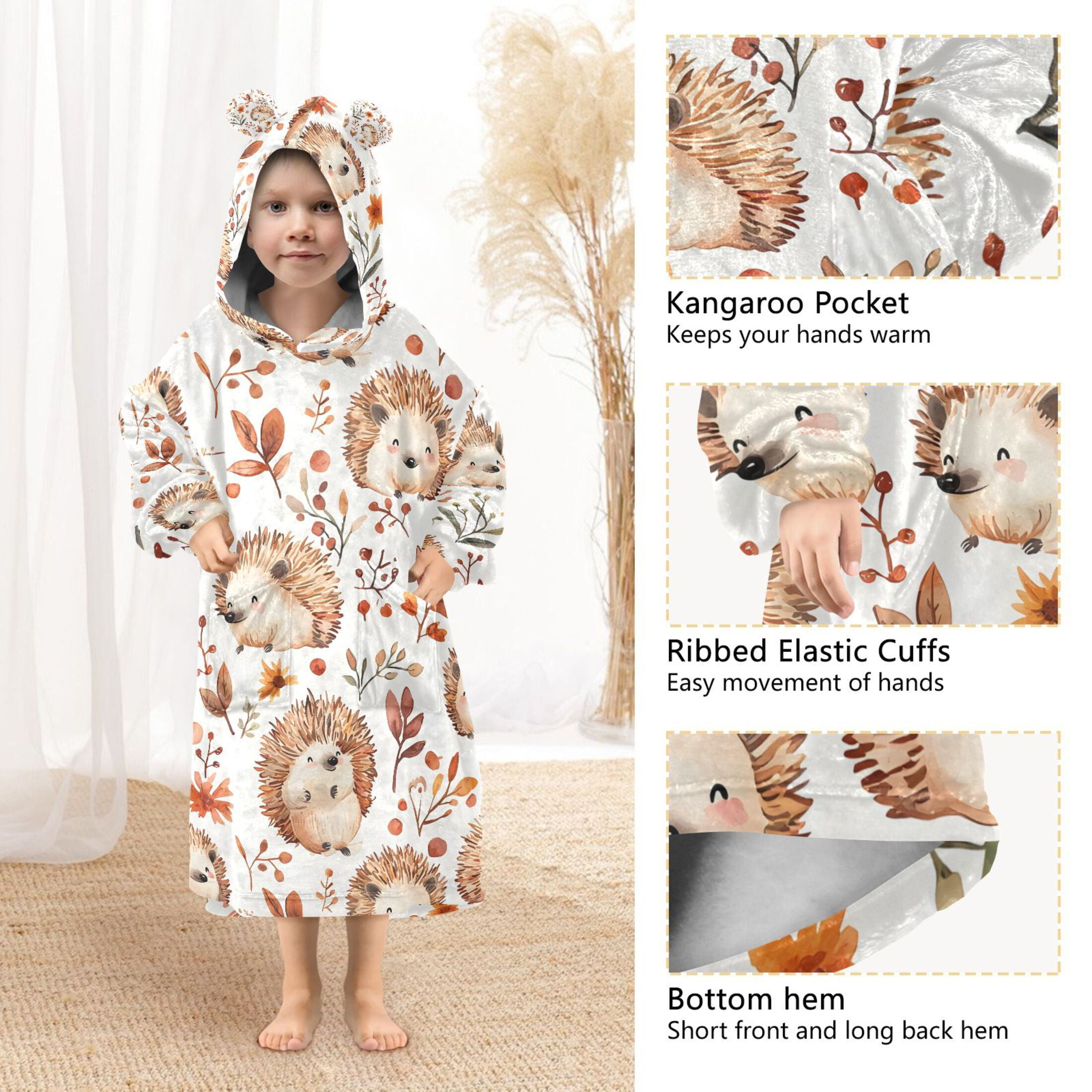 joogoo Blanket Hoodie for Hedgehog Leaves Flower Oversize Sweatshirt 3-14 YR L