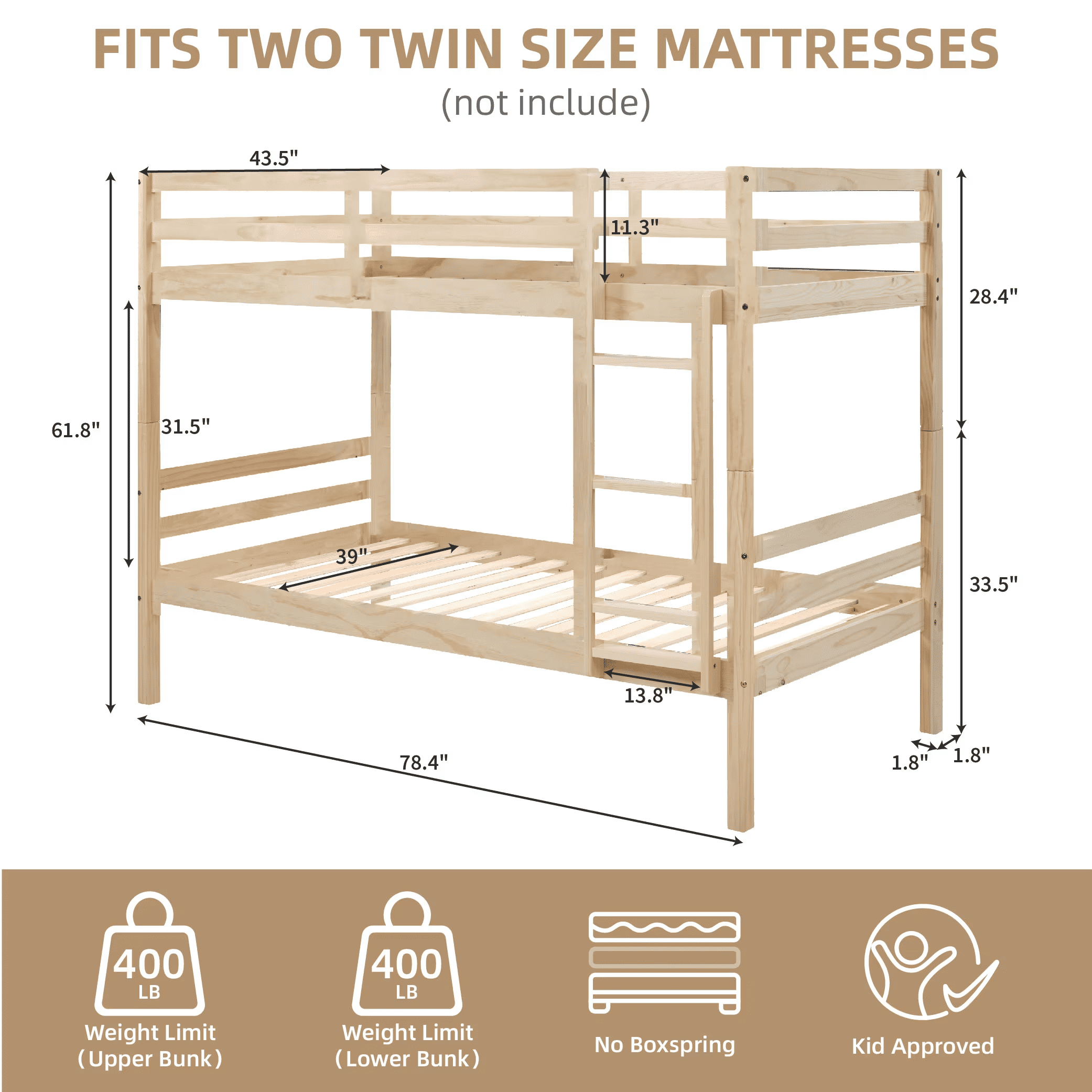 MAYEERTY Twin over Twin Bunk Bed with Ladder, Wooden Bed Frame with High Guardrail and Ladder for Kids, No Box Spring Needed, White