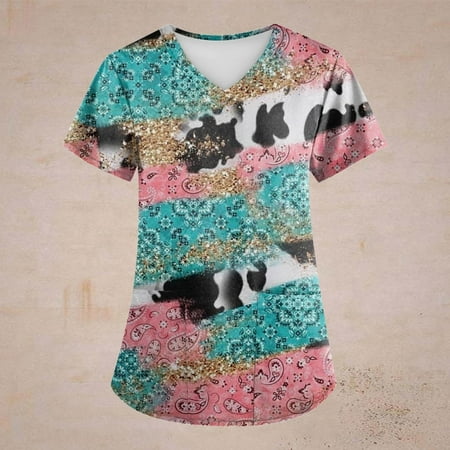 

HIMIWAY Plus Size Retro Leopard Printed Scrub Working Uniform Tops For Women Cross V-Neck Short Sleeve Fun T-Shirts Workwear Tee With Pockets on Sale XL Multicolor