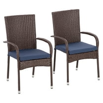 Stackable PE Rattan Outdoor Dining Chairs with Cushions, Set of 2 Patio Wicker Dining Chairs with Armrests and Backrest for Patio, Deck, Cream White Blue   Steel