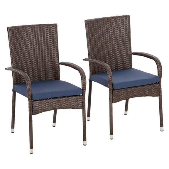 Stackable PE Rattan Outdoor Dining Chairs with Cushions, Set of 2 Patio Wicker Dining Chairs with Armrests and Backrest for Patio, Deck, Cream White Blue   Steel
