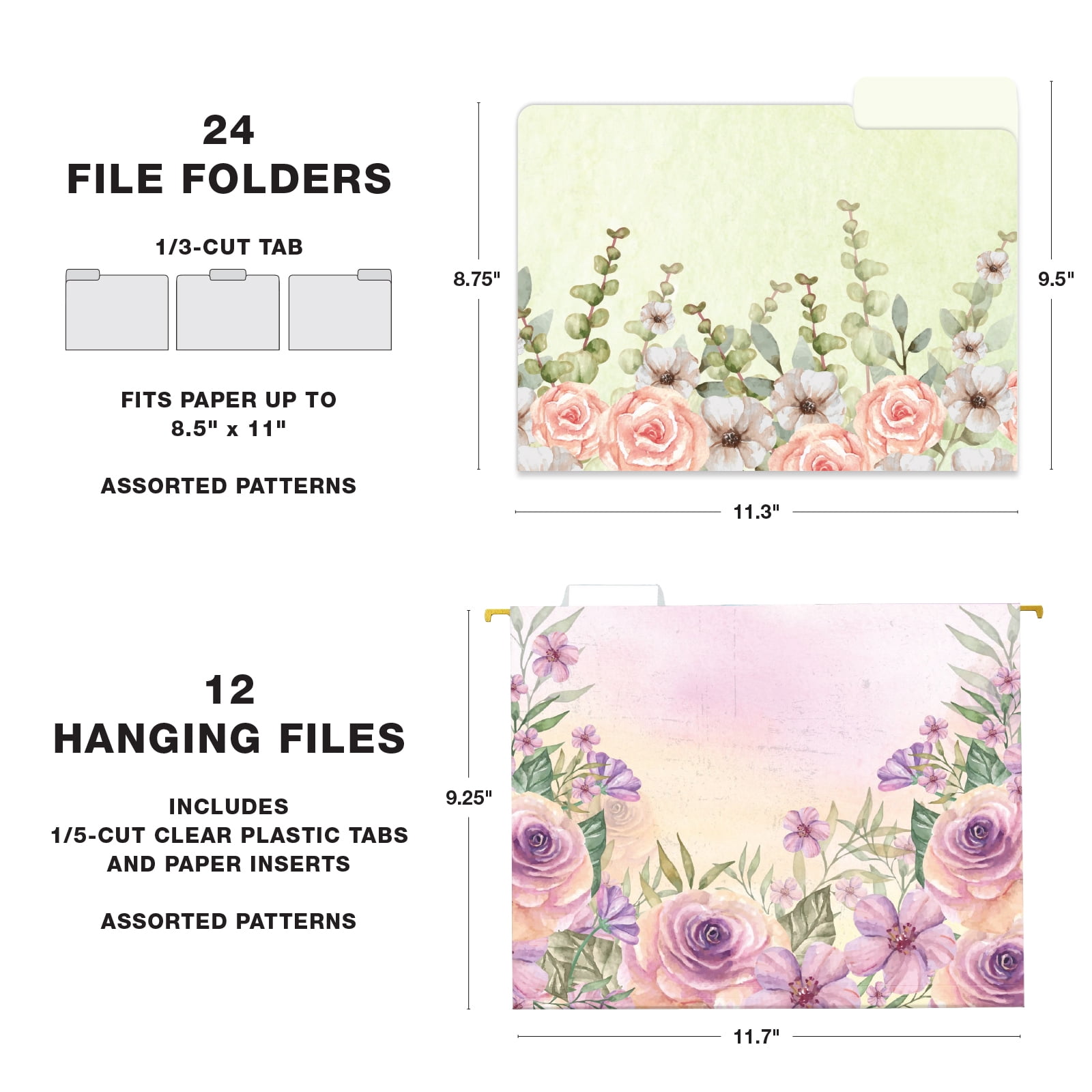 12 Hanging Folders, and 24 File folders, Letter Sized - Watercolor Floral