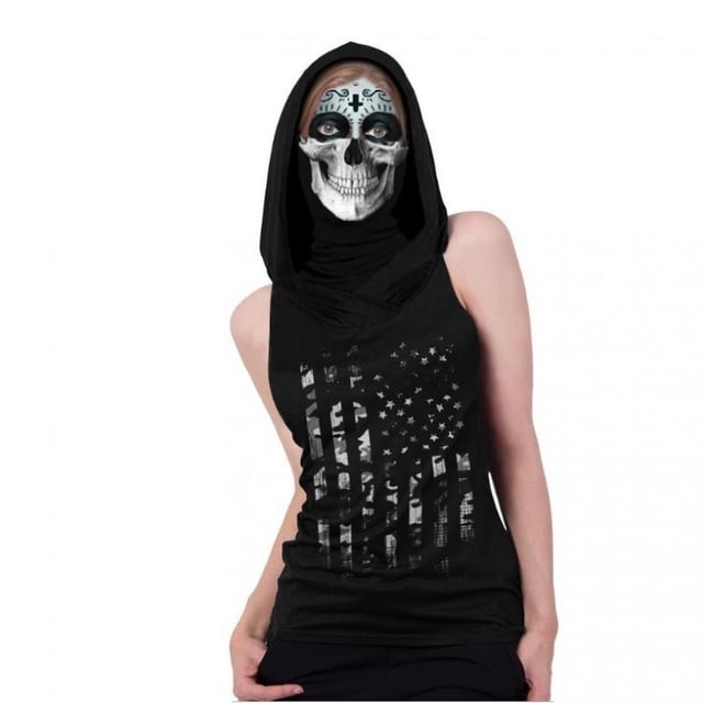 Camiseta de disfraces de mujer premium Camiseta con capucha Camiseta sin mangas deportiva para mujer Mascarilla facial para mujer Cráneo XL Cola Camiseta sin mangas para mujer
