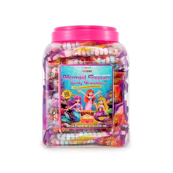 50 Mermaid Candy Bracelets with Two-Tone Mermaid Tail Charms, Great for Mermaid Party Favors and Goodie Bags, Ocean-Themed Party Treats, Bulk Pack by 4YoreElves