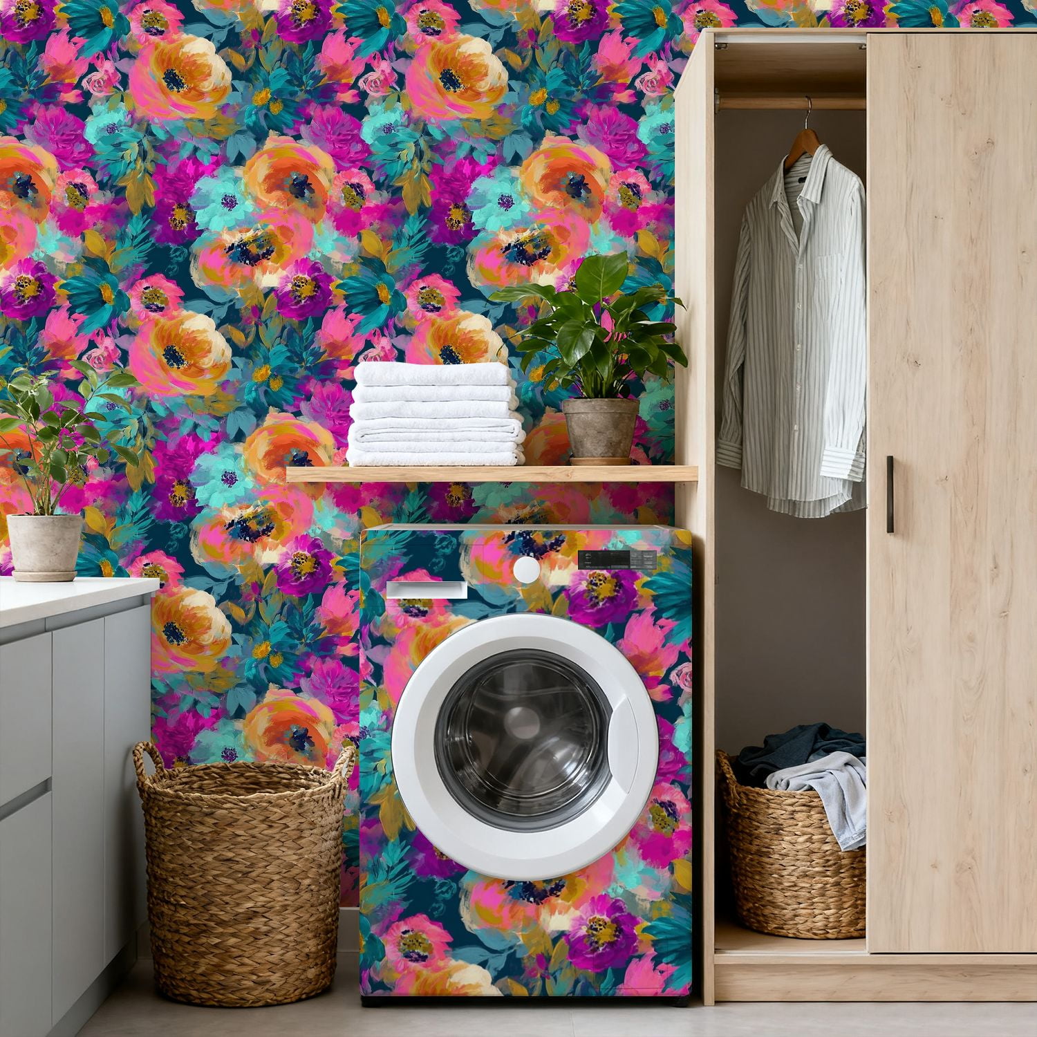 Peel and Stick Wallpaper Vibrant Floral Bouquet Bold Pink Purple Orange Flowers Wall Mural 17.7in x 9.8ft Self Adhesive Removable Wall Paper Renter Friendly Wallpaper for Nursery Bedroom Cabinets