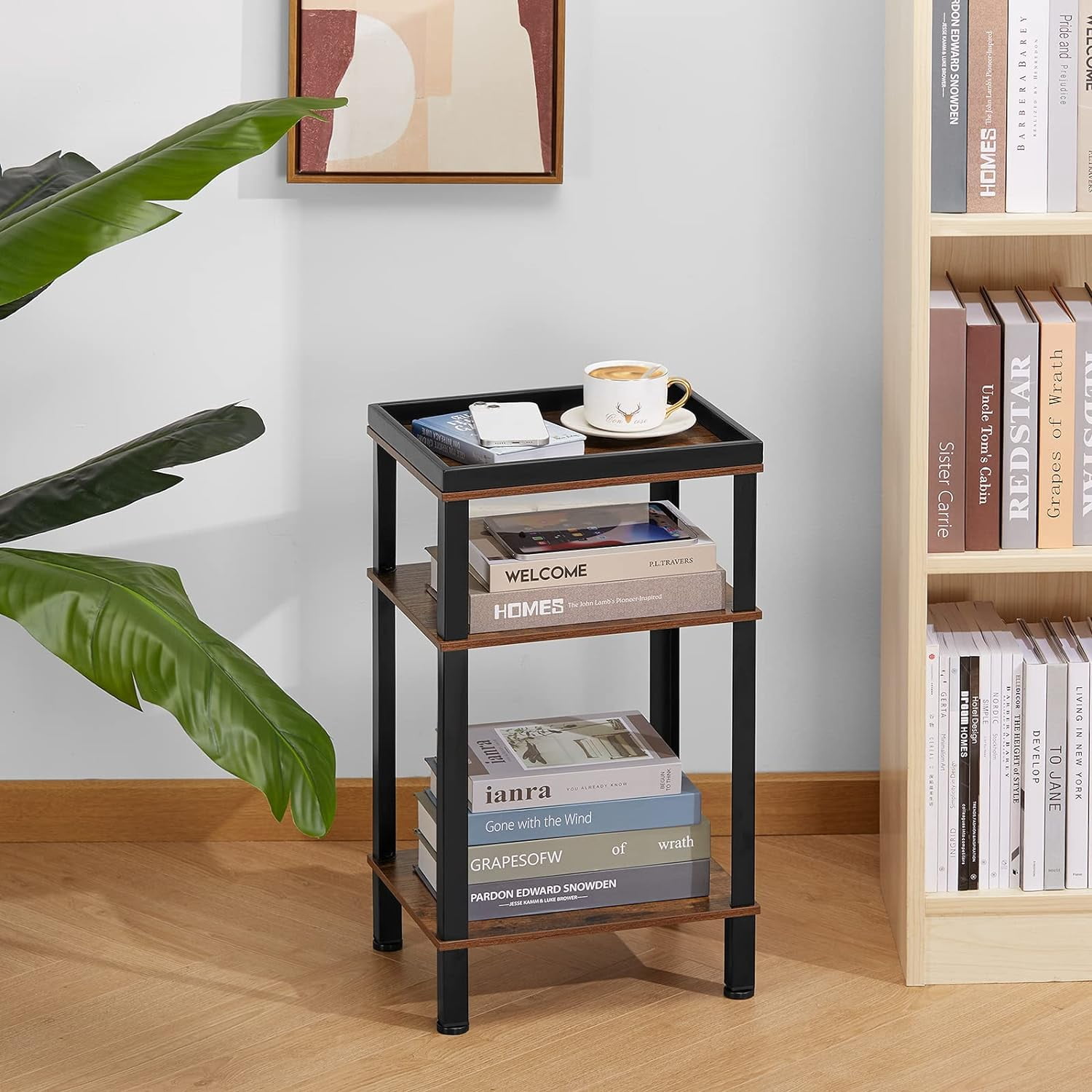 Small Side Table for Small Spaces - Slim End Table with Magazine Holder - 2 in 1 Design Narrow End Table Living Room - Skinny Bedside Table Nightstand Bedroom Thin Side Table, Rustic Brown