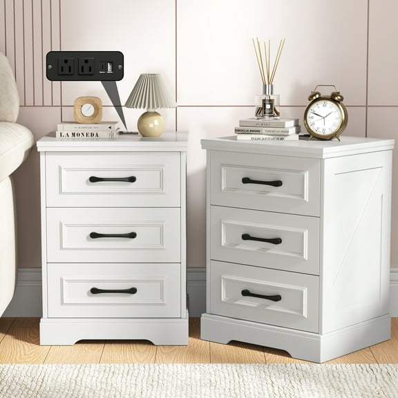 IDEALSOUL Nightstand Set of 2, White Farmhouse End Table with Charging Station, 3 Drawers Storage