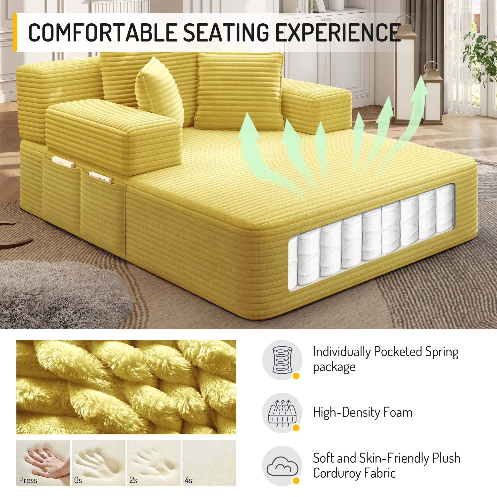 Alvantor Oversized Corduroy Convertible Chaise Lounge Sofa Bed, Yellow